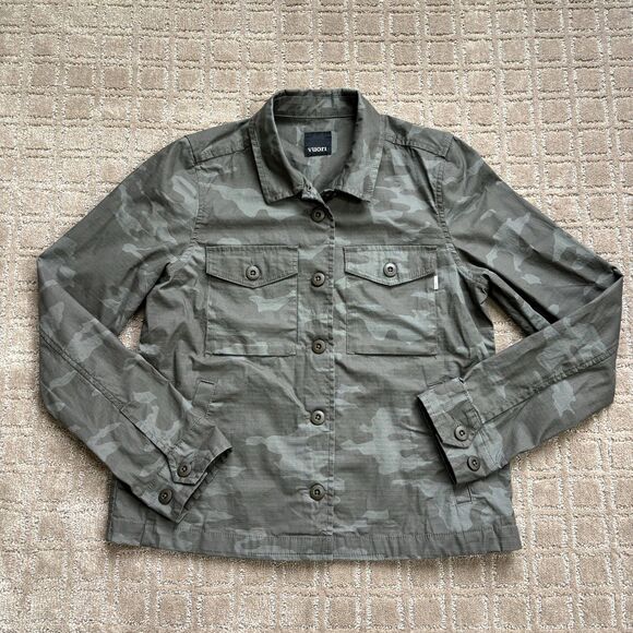 Vuori Ripstop Jacket Womens XS Gray Green Camo Button Up Organic Cotton Stretch - Picture 1 of 8